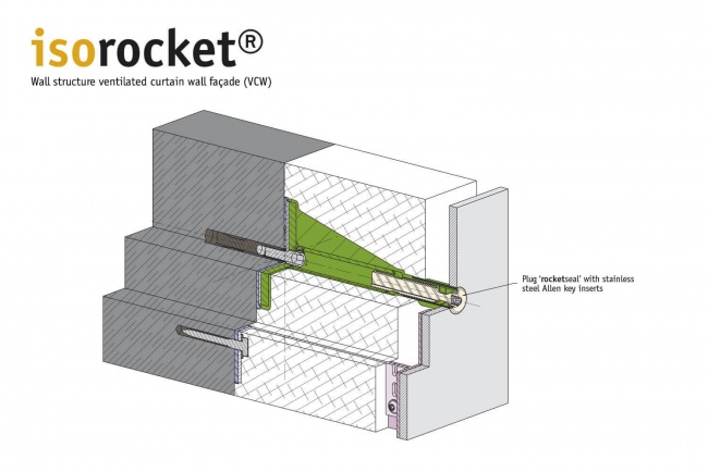 Structure of a suspended back-vented façade (VHF) with isorocket Concrete. Condition shortened with a seal (rocketseal)