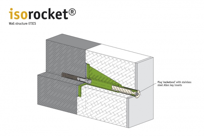 Structure of a WDVS façade with isorocket Concrete. Condition shortened with a plug (rocketseal)